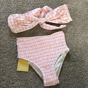 Charlie Holiday Pink Gingham Bandeau Top with Smocked High-Waist Bikini Bottoms